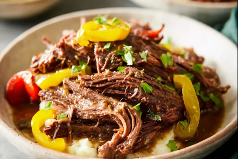 Mississippi Pot Roast Slow Cooker recipe, served and ready to eat, easy homemade dinner