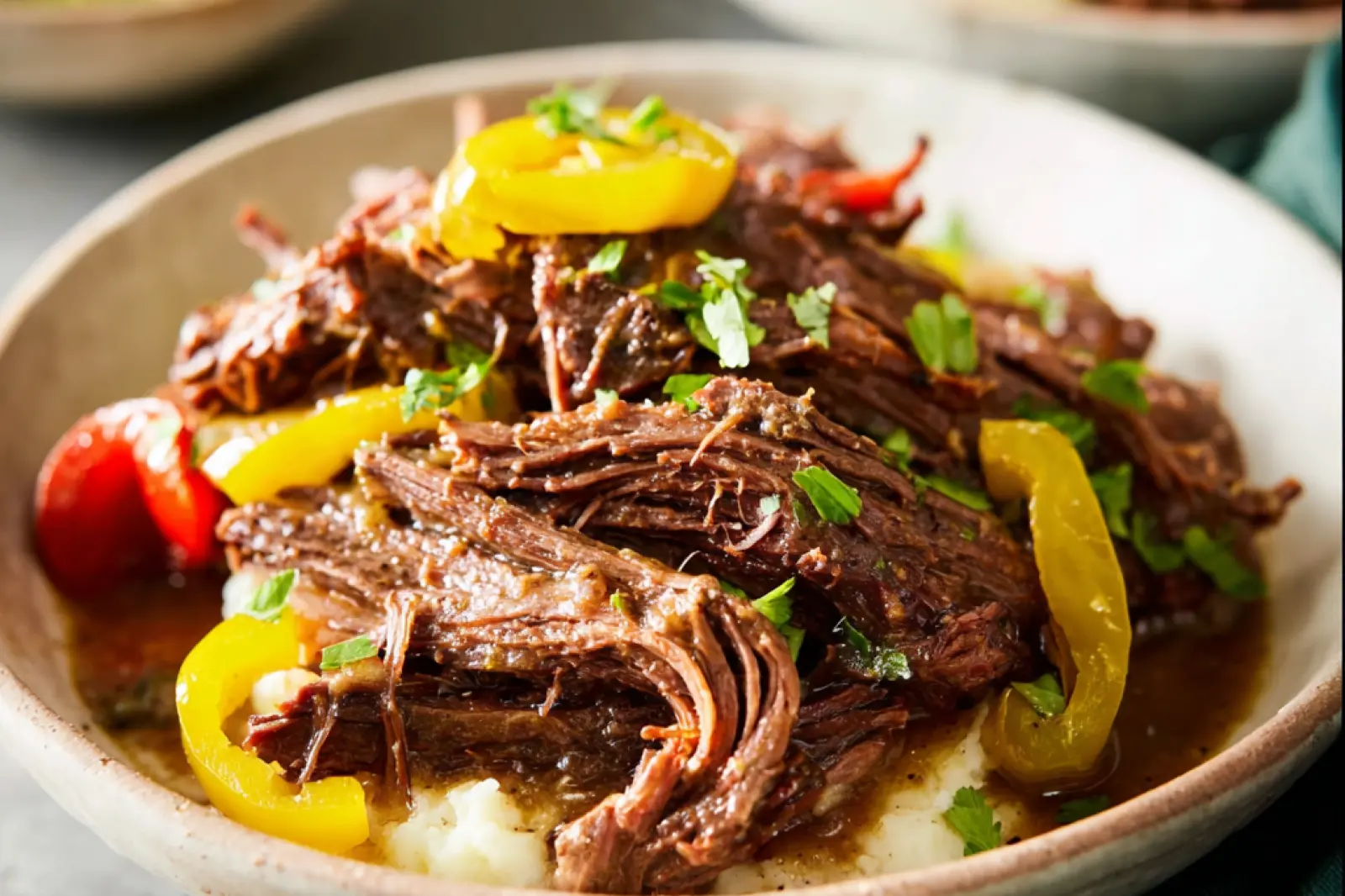 Mississippi Pot Roast Slow Cooker recipe, served and ready to eat, easy homemade dinner