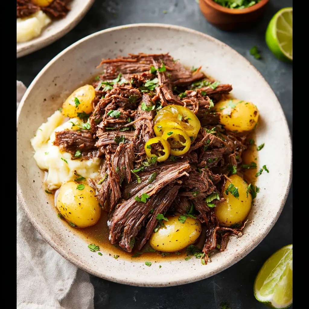 Mississippi Pot Roast Slow Cooker recipe, served and ready to eat, easy homemade dinner