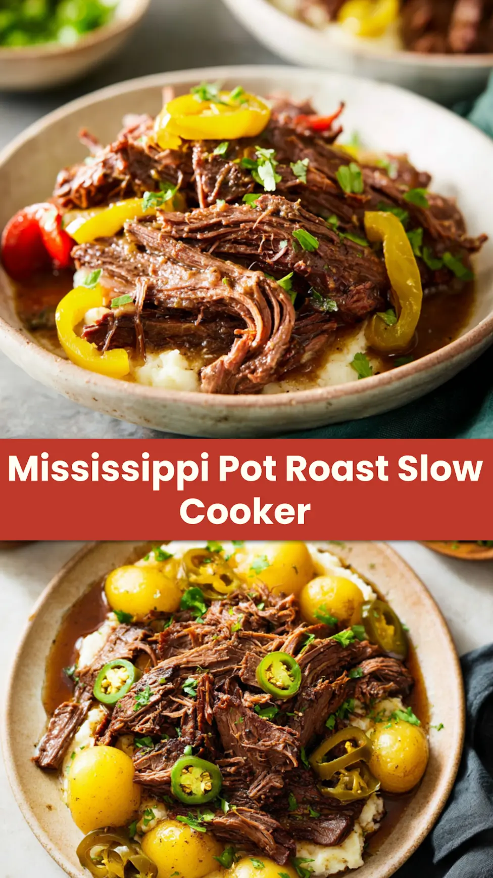 Mississippi Pot Roast Slow Cooker recipe, served and ready to eat, easy homemade dinner