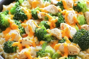 One Pan Chicken Rice Broccoli Comforting Easy Weeknight Meal ONE PAN CHICKEN RICE BROCCOLI recipe, served and ready to eat, easy homemade dinner