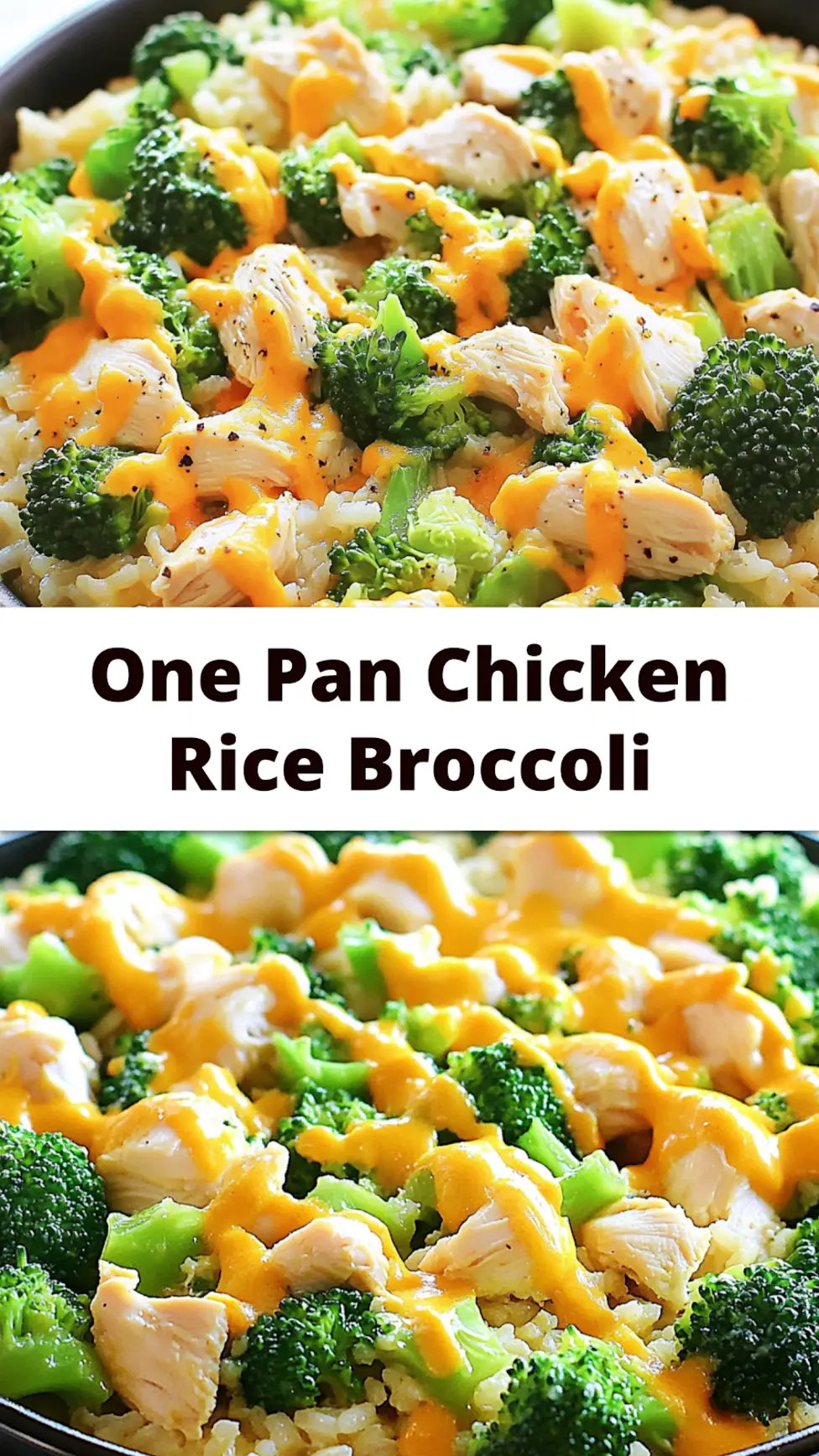 ONE PAN CHICKEN RICE BROCCOLI recipe, served and ready to eat, easy homemade dinner