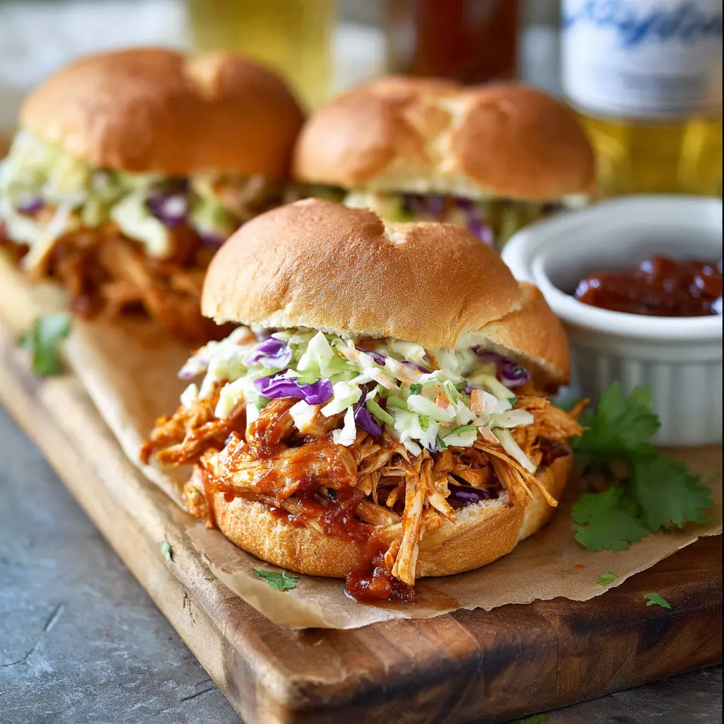 Slow Cooker BBQ Chicken Sandwiches served on toasted buns with chipotle coleslaw, ready to eat