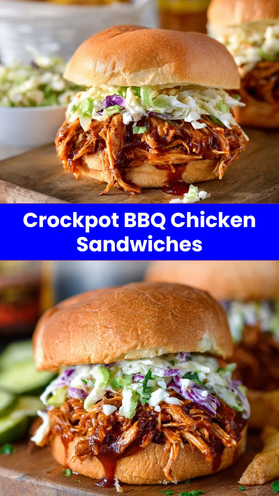 Slow Cooker BBQ Chicken Sandwiches on toasted buns with chipotle coleslaw, easy homemade crockpot recipe