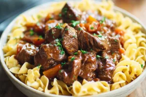 Slow Cooker Beef and Noodles recipe, served and ready to eat, easy homemade dinner