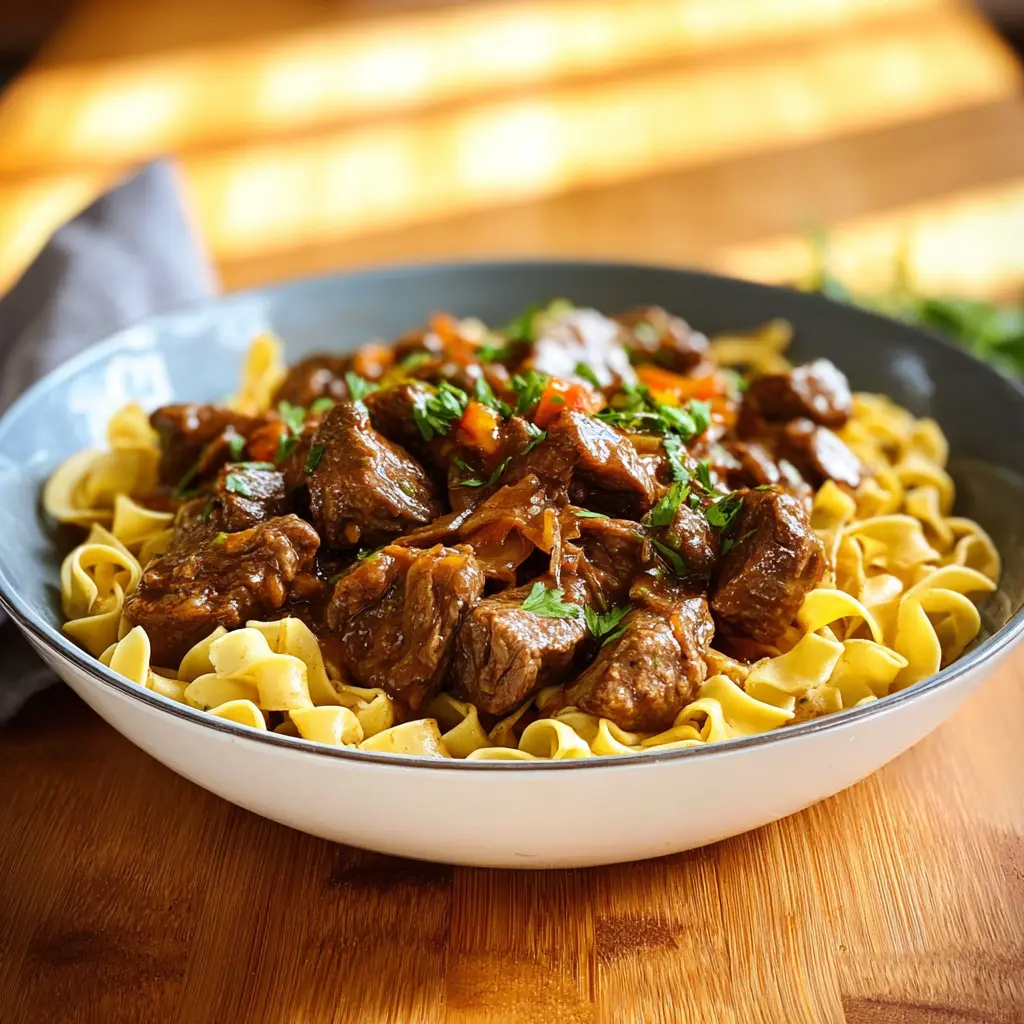 Slow Cooker Beef and Noodles recipe, served and ready to eat, easy homemade dinner