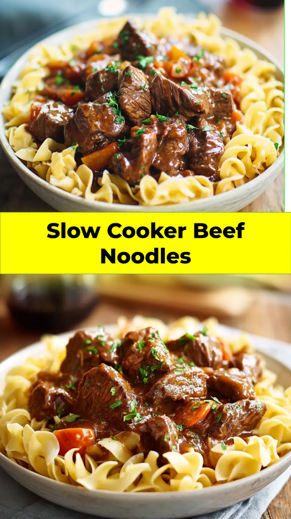 Slow Cooker Beef and Noodles recipe, served and ready to eat, easy homemade dinner