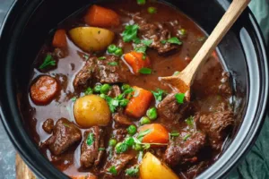 Slow Cooker Beef Stew Old Fashioned recipe, served and ready to eat, easy homemade dinner