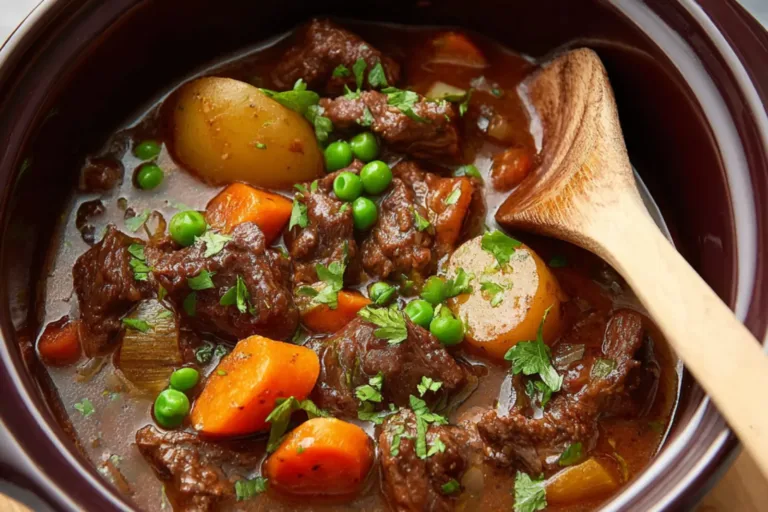 Slow Cooker Beef Stew Vegetables recipe, served and ready to eat, easy homemade dinner