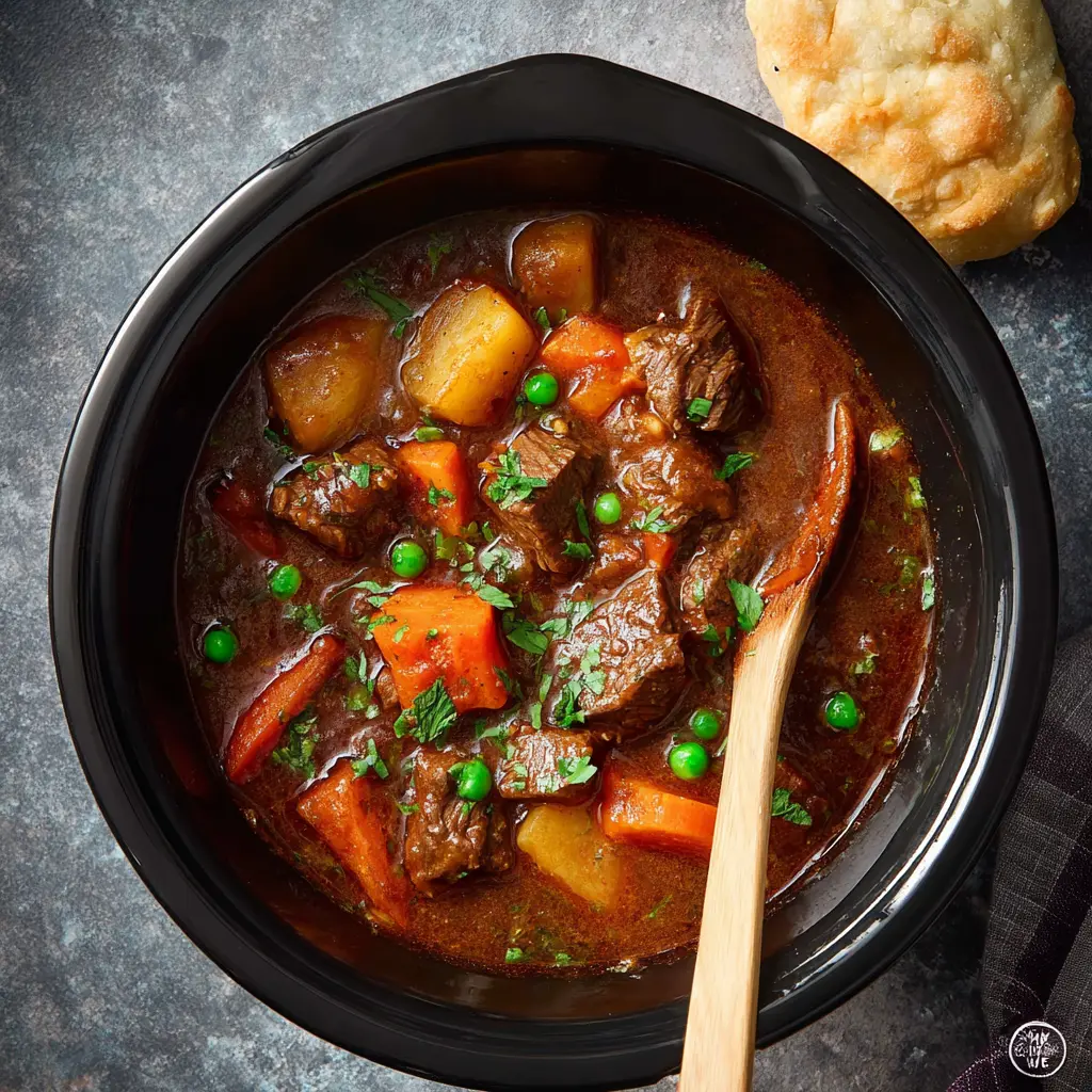 Slow Cooker Beef Stew Vegetables recipe, served and ready to eat, easy homemade dinner