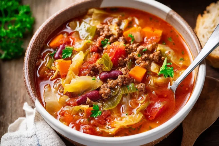 Slow Cooker Cabbage Soup Ground Beef recipe, served and ready to eat, easy homemade dinner