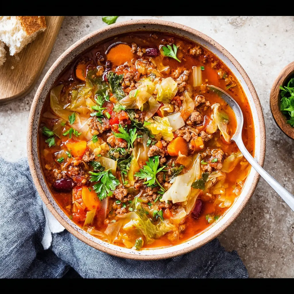 Slow Cooker Cabbage Soup Ground Beef recipe, served and ready to eat, easy homemade dinner