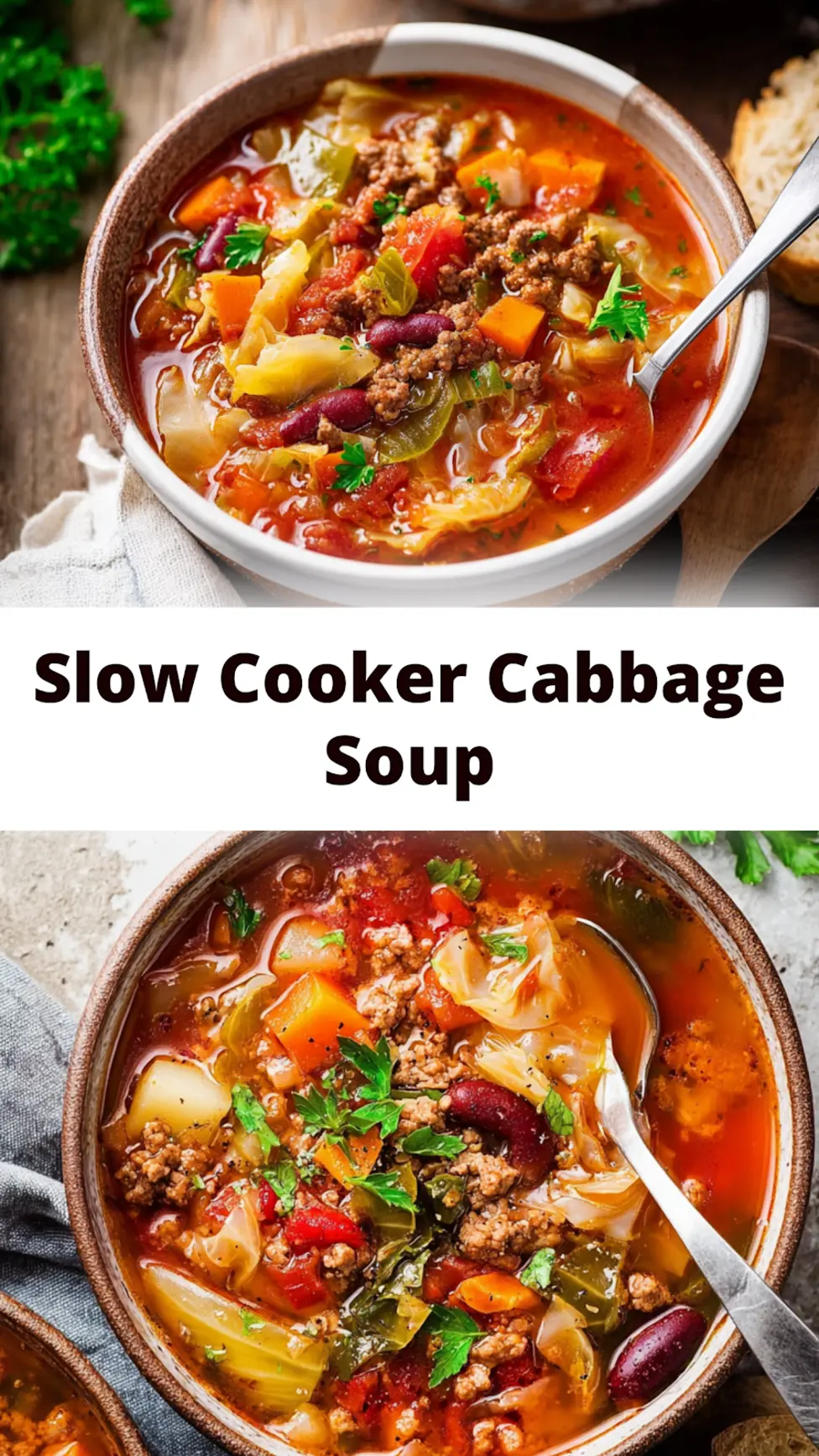 Slow Cooker Cabbage Soup Ground Beef recipe, served and ready to eat, easy homemade dinner