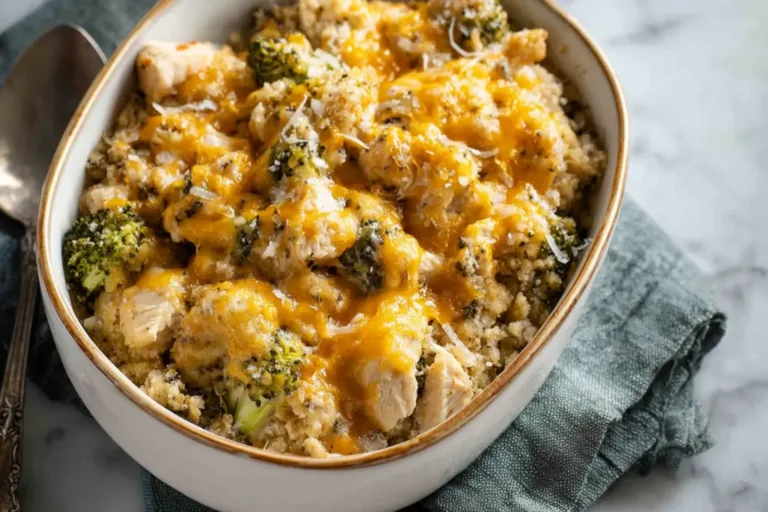 Slow Cooker Chicken Broccoli Casserole recipe, served and ready to eat, easy homemade dinner