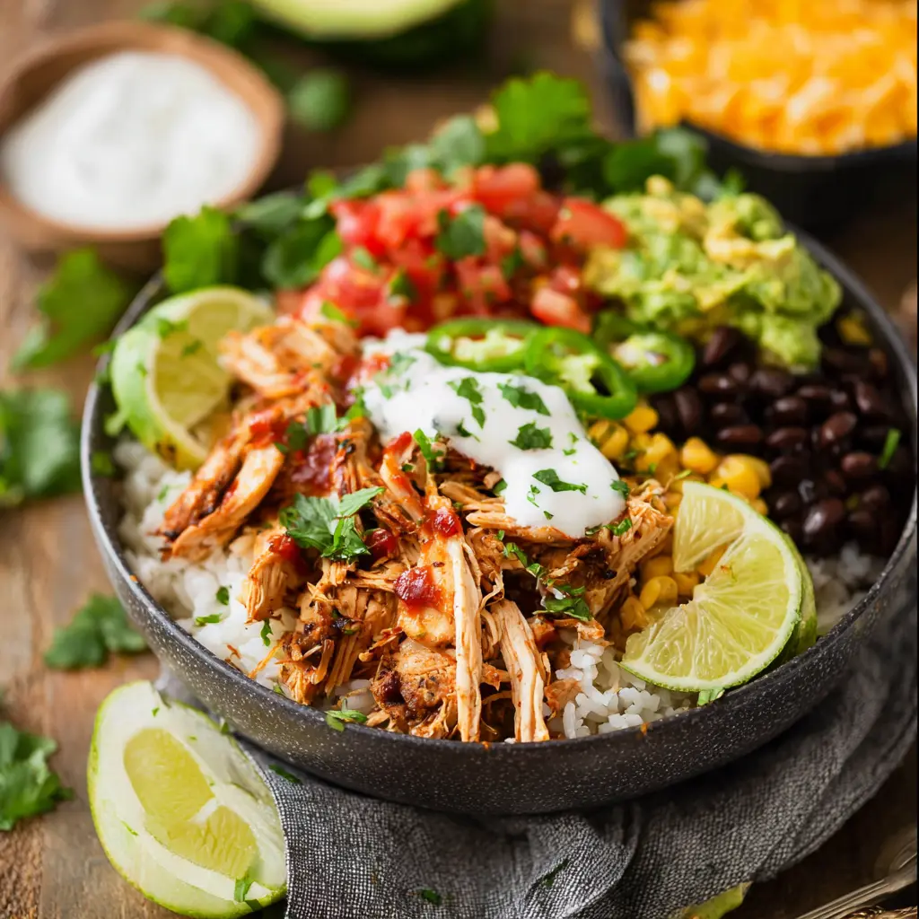 Slow Cooker Chicken Burrito Bowl recipe, served and ready to eat, easy homemade dish