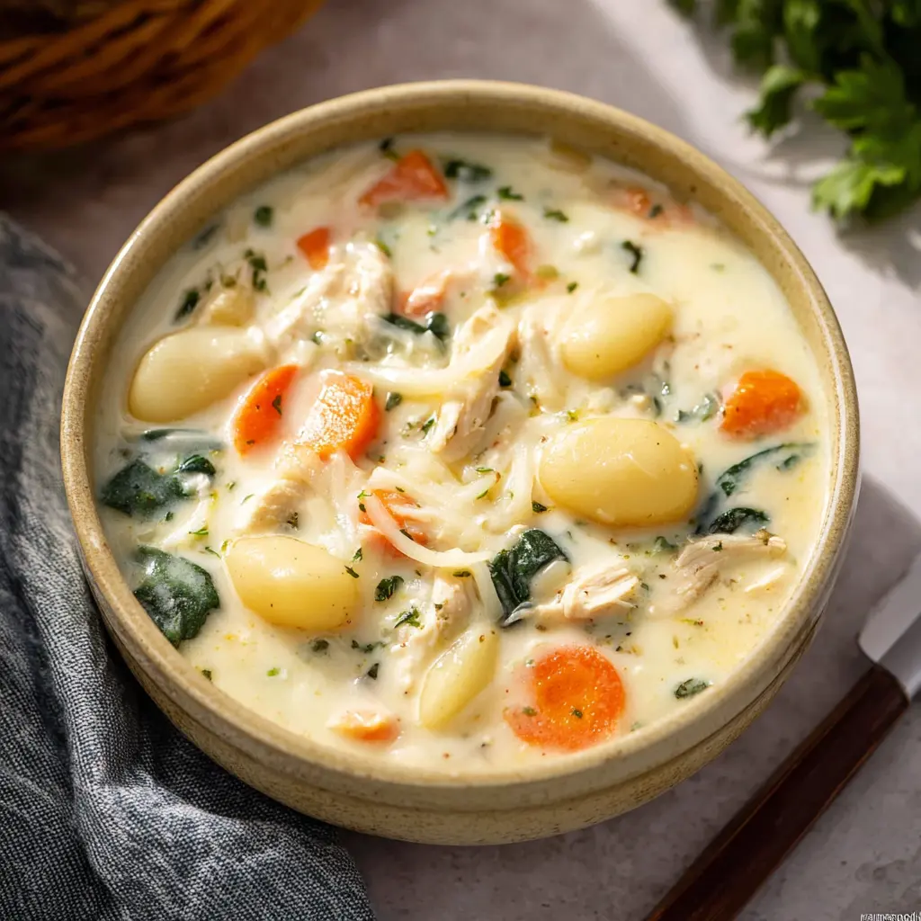 Slow Cooker Chicken Gnocchi Soup recipe, served and ready to eat, easy homemade dinner