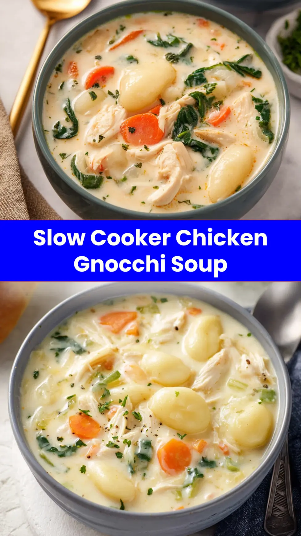 Slow Cooker Chicken Gnocchi Soup recipe, served and ready to eat, easy homemade dinner