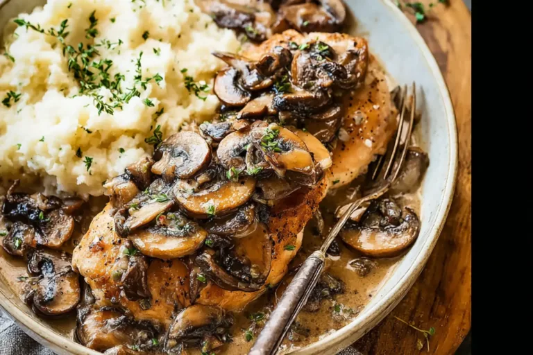Slow Cooker Chicken Marsala recipe, served and ready to eat, easy homemade dinner