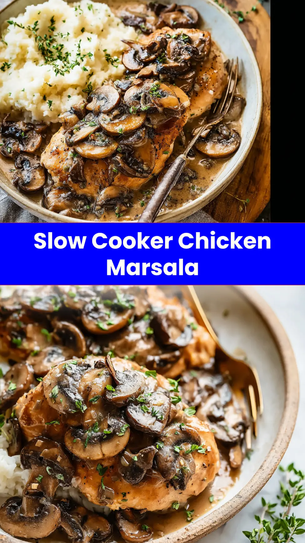 Slow Cooker Chicken Marsala recipe pin  tender chicken in rich Marsala sauce, easy weeknight dinner