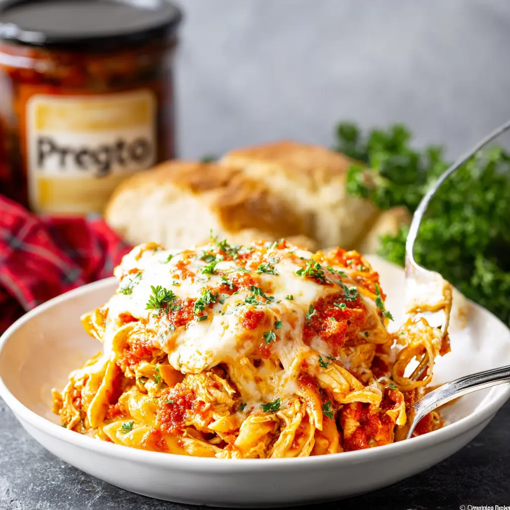 Slow Cooker Chicken Parmesan Casserole recipe, served and ready to eat, easy homemade dinner