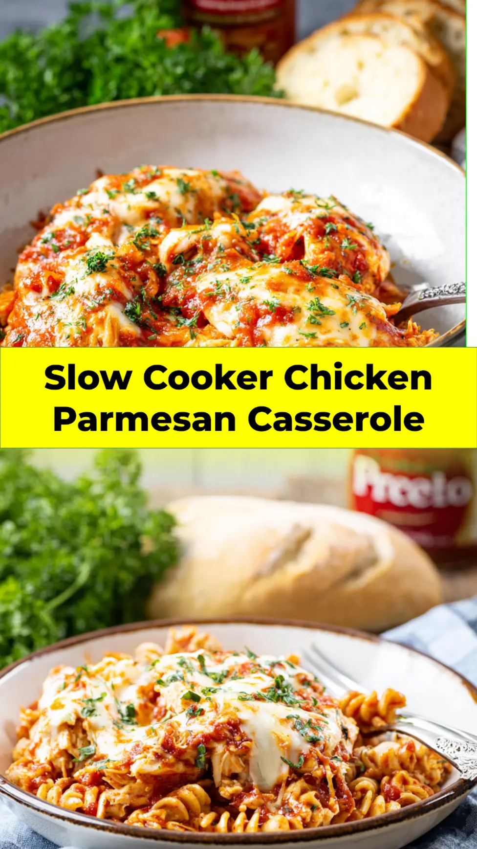 Slow Cooker Chicken Parmesan Casserole recipe, served and ready to eat, easy homemade dinner