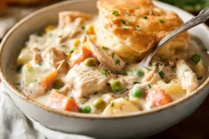 Slow Cooker Chicken Pot Pie Soup Made Cozy and Delicious Slow Cooker Chicken Pot Pie Soup recipe, served and ready to eat, easy homemade dinner