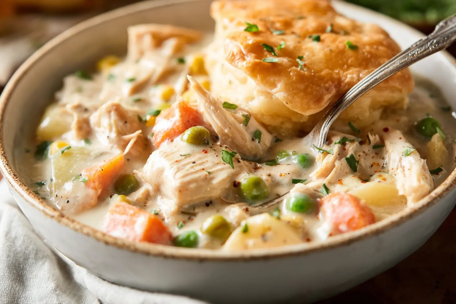 Slow Cooker Chicken Pot Pie Soup recipe, served and ready to eat, easy homemade dinner