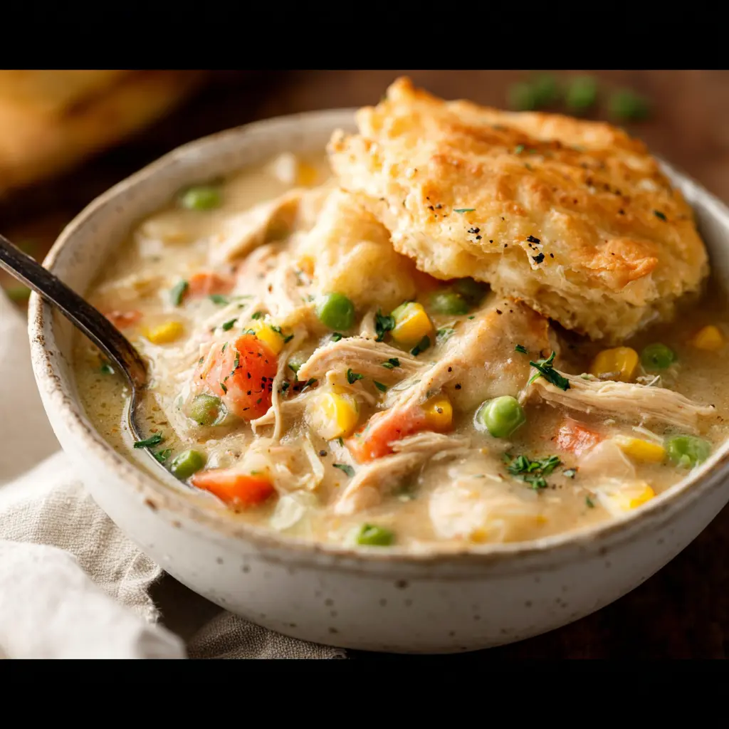 Slow Cooker Chicken Pot Pie Soup Made Cozy and Delicious 3 Slow Cooker Chicken Pot Pie Soup recipe, served and ready to eat, easy homemade dinner