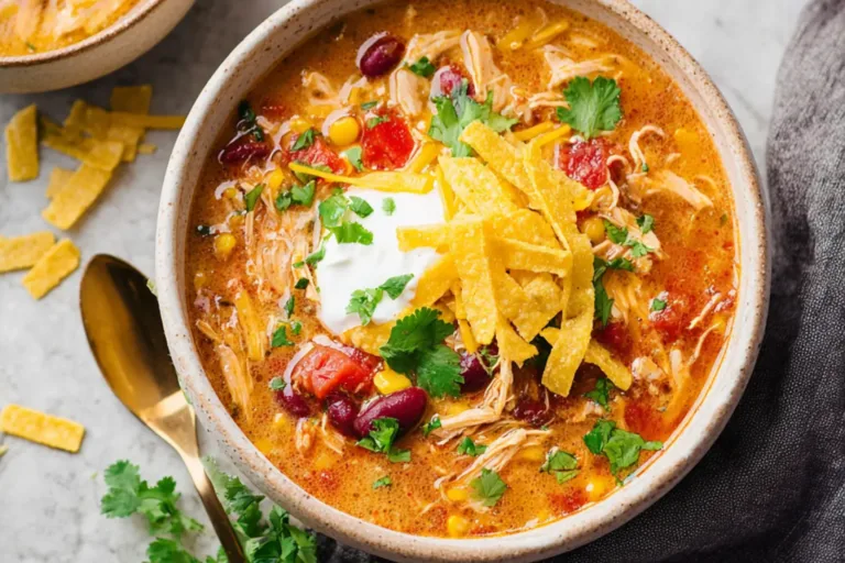 Slow Cooker Chicken Tortilla Soup recipe, served and ready to eat, easy homemade dinner