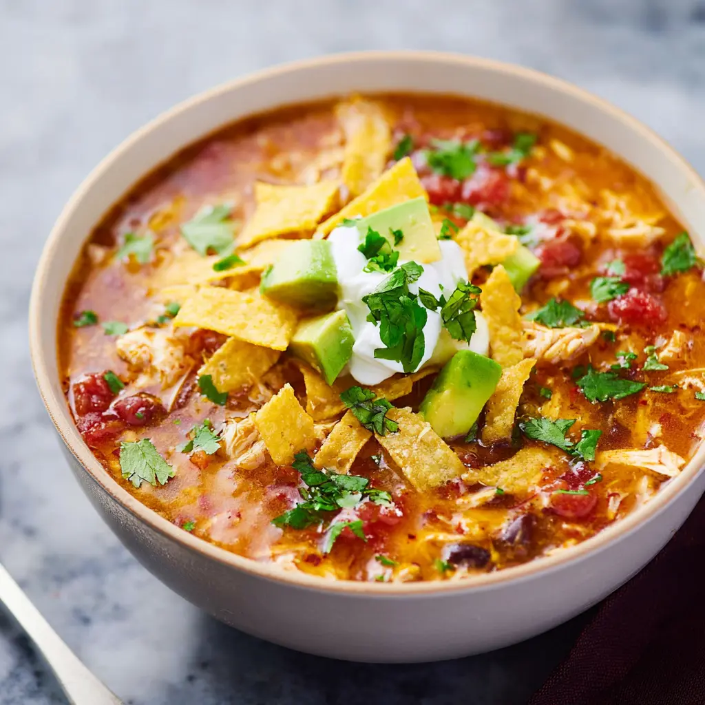 Slow Cooker Chicken Tortilla Soup recipe, served and ready to eat, easy homemade dinner