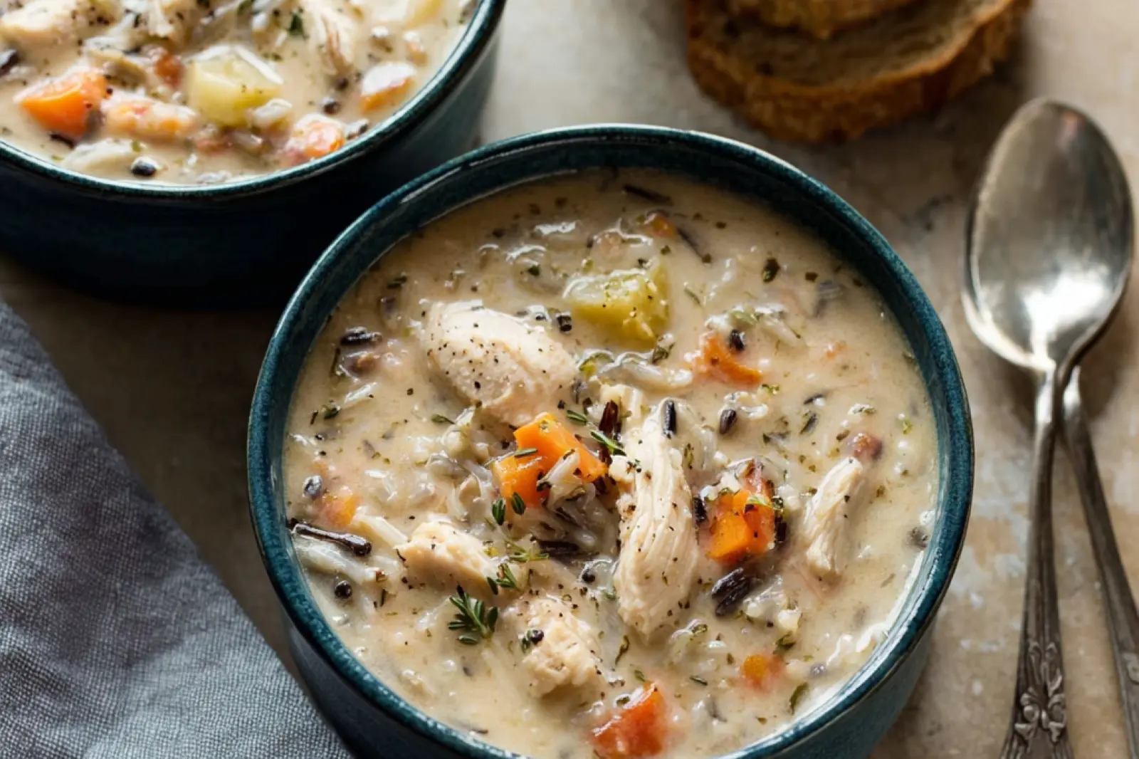Slow Cooker Chicken Wild Rice Soup recipe, served and ready to eat, easy homemade dinner
