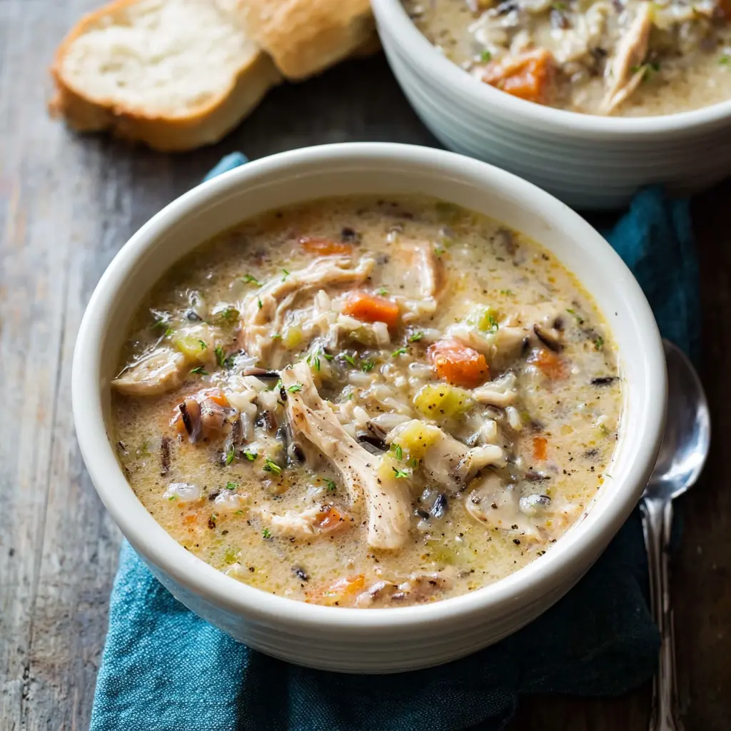 Slow Cooker Chicken Wild Rice Soup recipe, served and ready to eat, easy homemade dinner