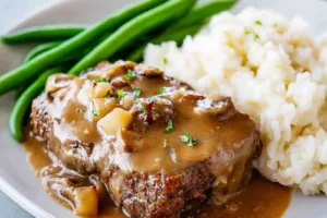 Slow Cooker Cube Steak Gravy recipe, served and ready to eat, easy homemade dinner