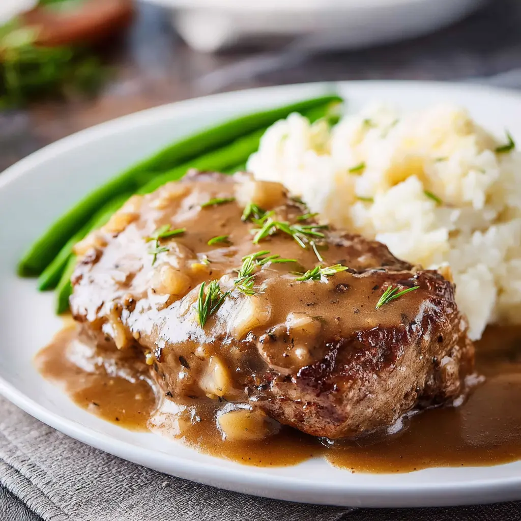Slow Cooker Cube Steak Gravy recipe, served and ready to eat, easy homemade dinner