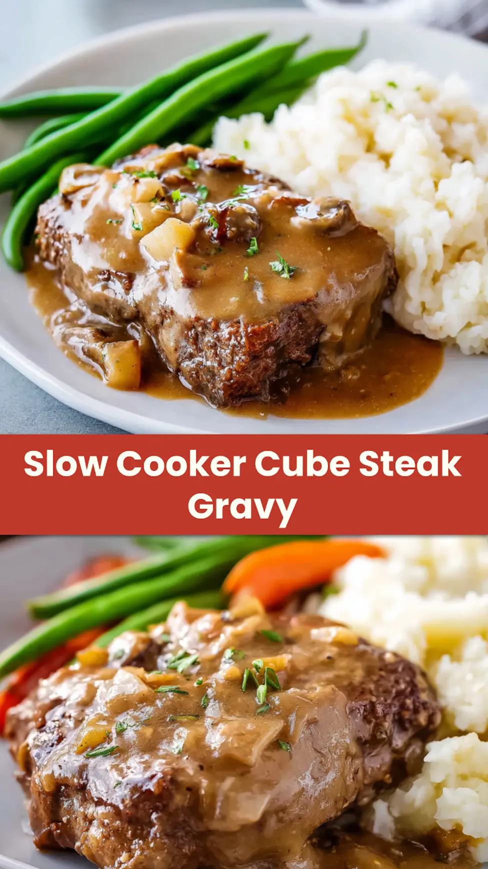 Slow Cooker Cube Steak Gravy recipe, served and ready to eat, easy homemade dinner