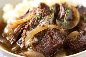 Slow Cooker French Onion Pot Roast recipe, served and ready to eat, easy homemade dinner