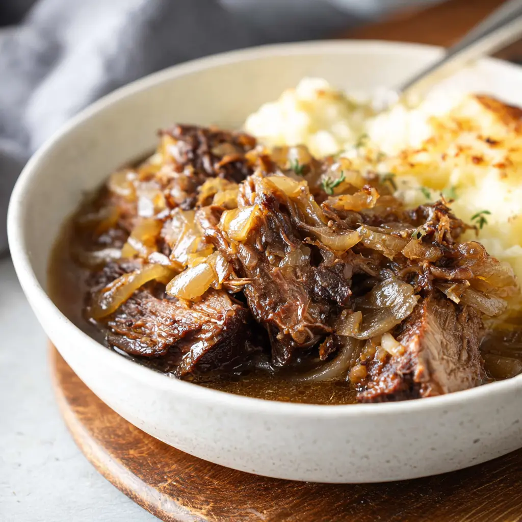 Slow Cooker French Onion Pot Roast recipe, served and ready to eat, easy homemade dinner