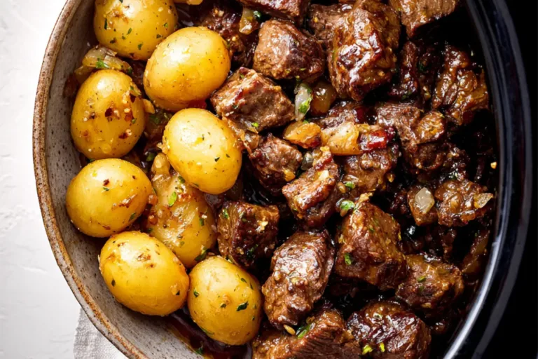 Slow Cooker Garlic Butter Beef Bites Potatoes recipe, served and ready to eat, easy homemade dinner