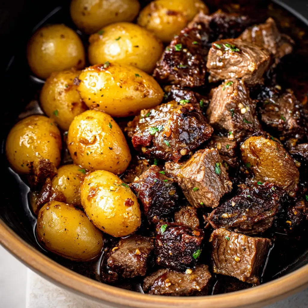 Slow Cooker Garlic Butter Beef Bites Potatoes recipe, served and ready to eat, easy homemade dinner