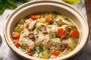 Slow Cooker Garlic Parmesan Chicken Stew recipe, served and ready to eat, easy homemade dinner
