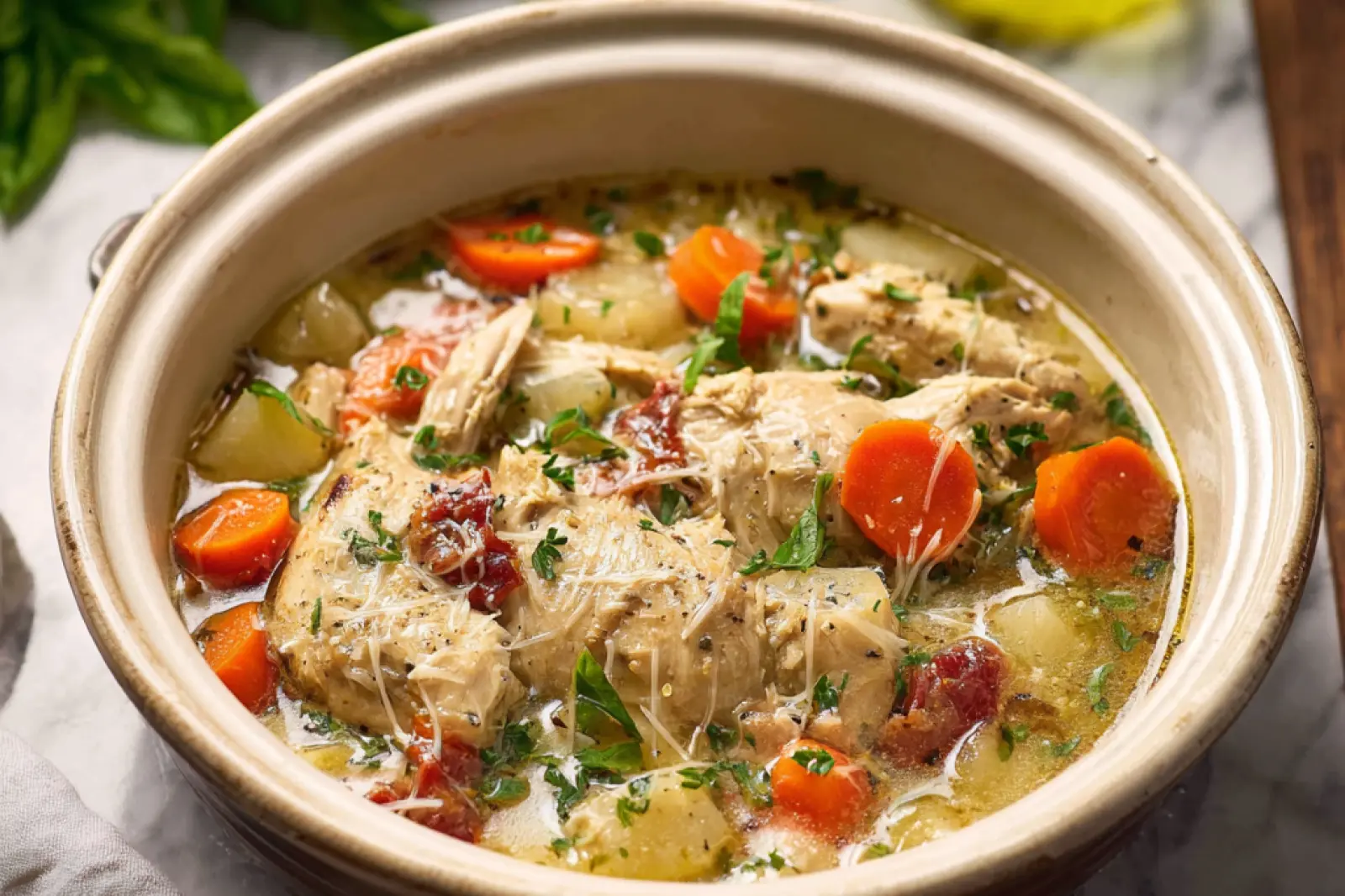 Slow Cooker Garlic Parmesan Chicken Stew recipe, served and ready to eat, easy homemade dinner
