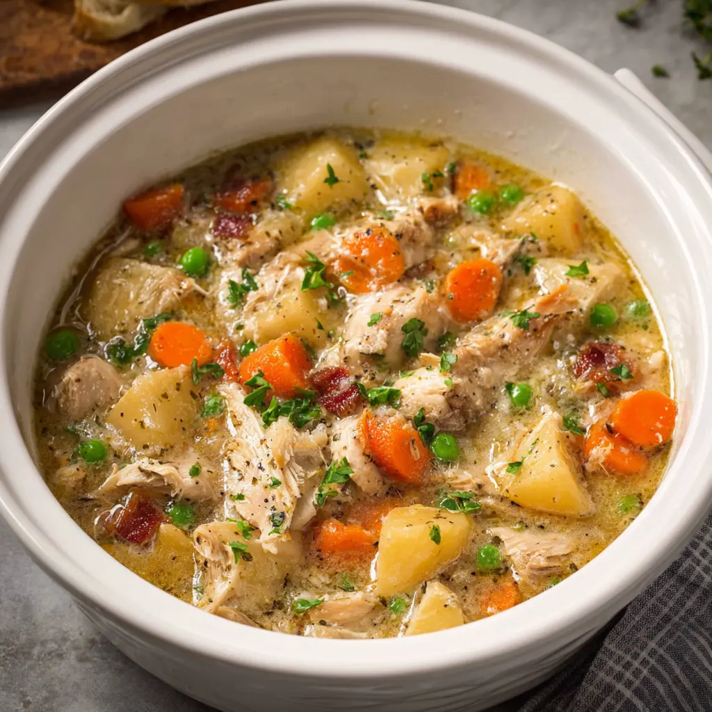 Slow Cooker Garlic Parmesan Chicken Stew Made Easy Tonight 3 Slow Cooker Garlic Parmesan Chicken Stew recipe, served and ready to eat, easy homemade dinner