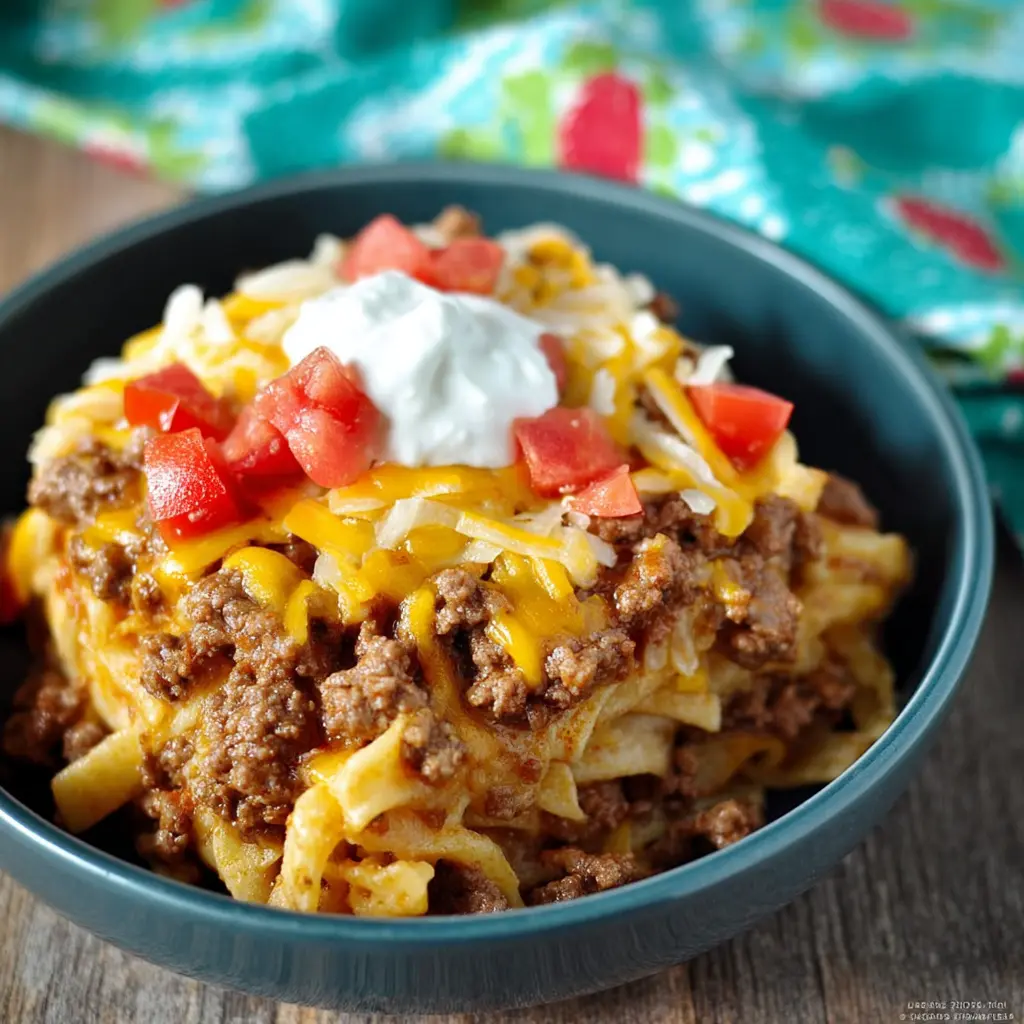 Slow Cooker Ground Beef Taco Casserole served in a bowl, cheesy and ready to eat