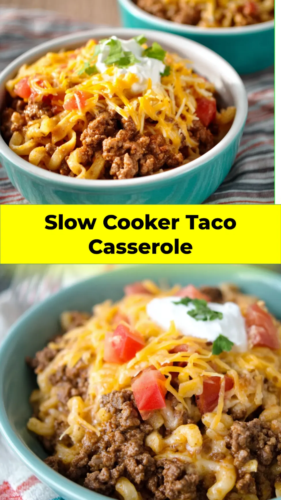 Slow Cooker Ground Beef Taco Casserole in the crockpot, cheesy and ready to serve