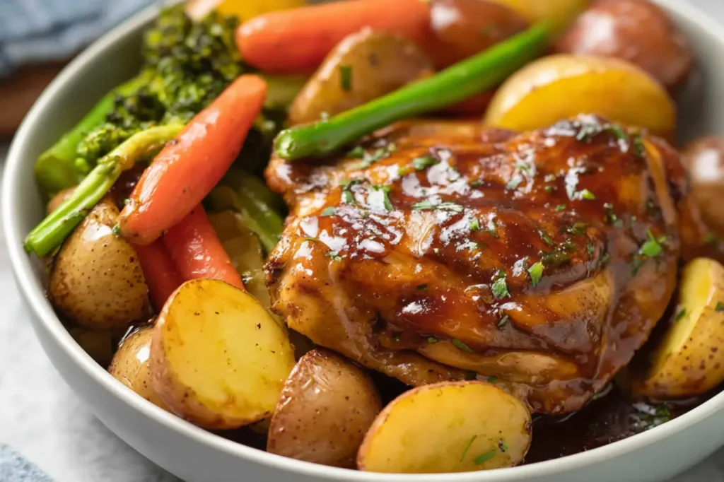Slow Cooker Honey Garlic Chicken Veggies recipe, served and ready to eat, easy homemade dinner