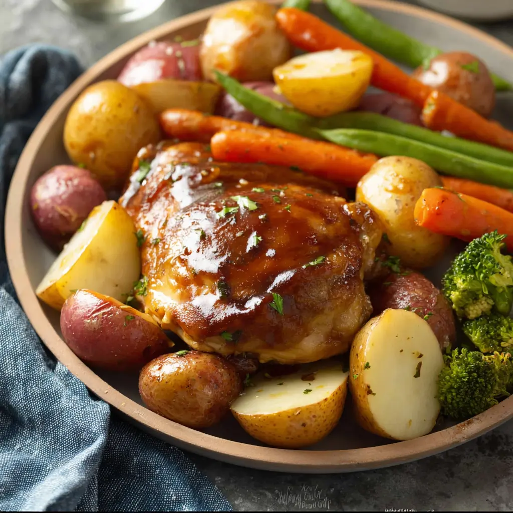 Slow Cooker Honey Garlic Chicken Veggies recipe, served and ready to eat, easy homemade dinner