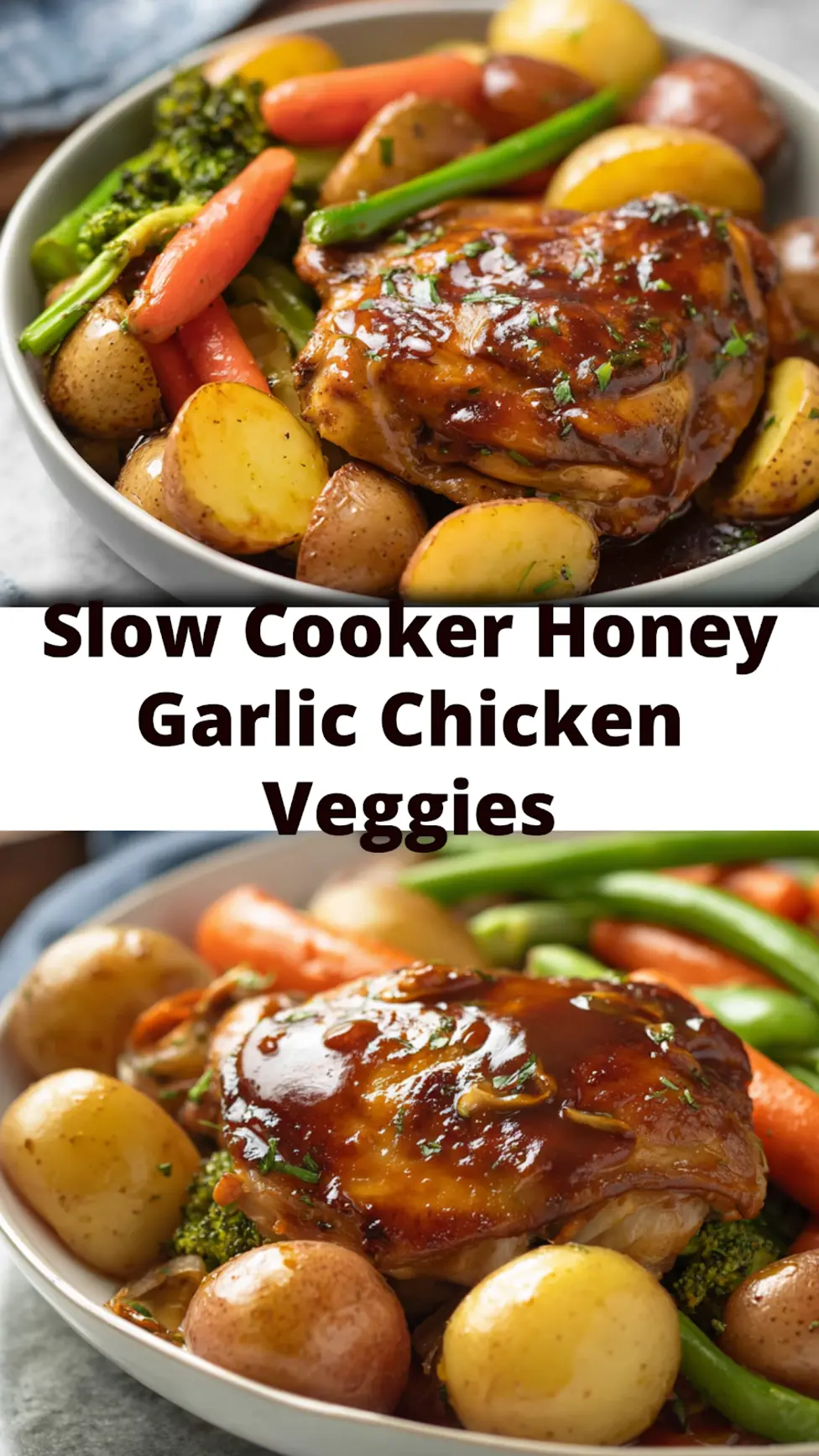 Slow Cooker Honey Garlic Chicken Veggies recipe, served and ready to eat, easy homemade dinner