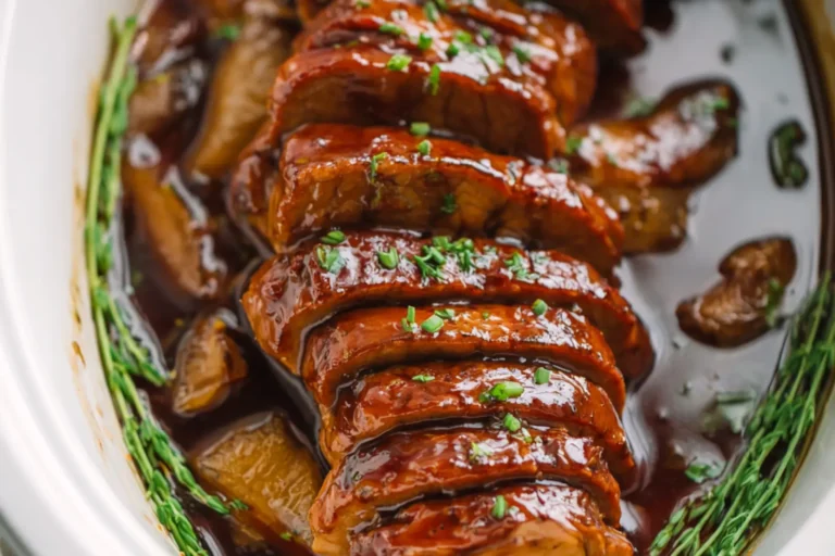 Slow Cooker Honey Garlic Pork Tenderloin recipe, served and ready to eat, easy homemade dish