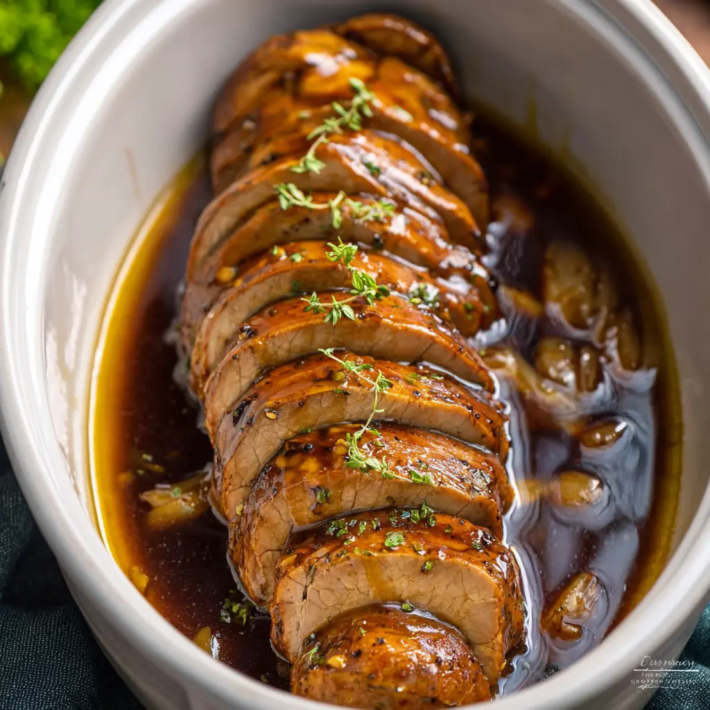 Slow Cooker Honey Garlic Pork Tenderloin recipe, served and ready to eat, easy homemade dish