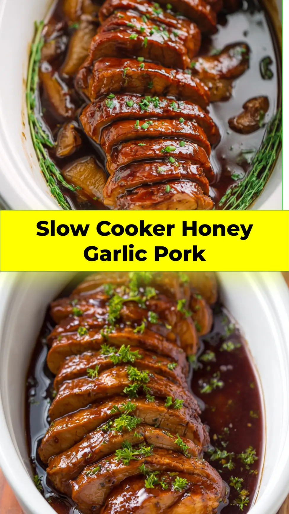 Slow Cooker Honey Garlic Pork Tenderloin recipe, served and ready to eat, easy homemade dish